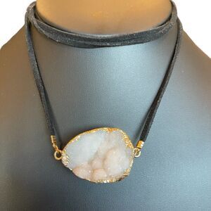 Agate Geode Druzy Quartz Natural White Gemstone Gold Tone Necklace